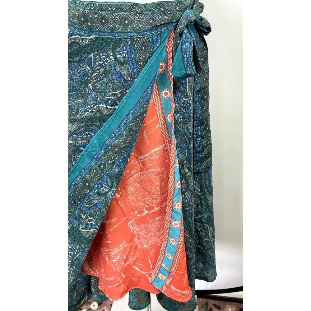 Sari Wrap Maxi Skirt Reversible Layered Art Silk Paisley Boho Festival One Size